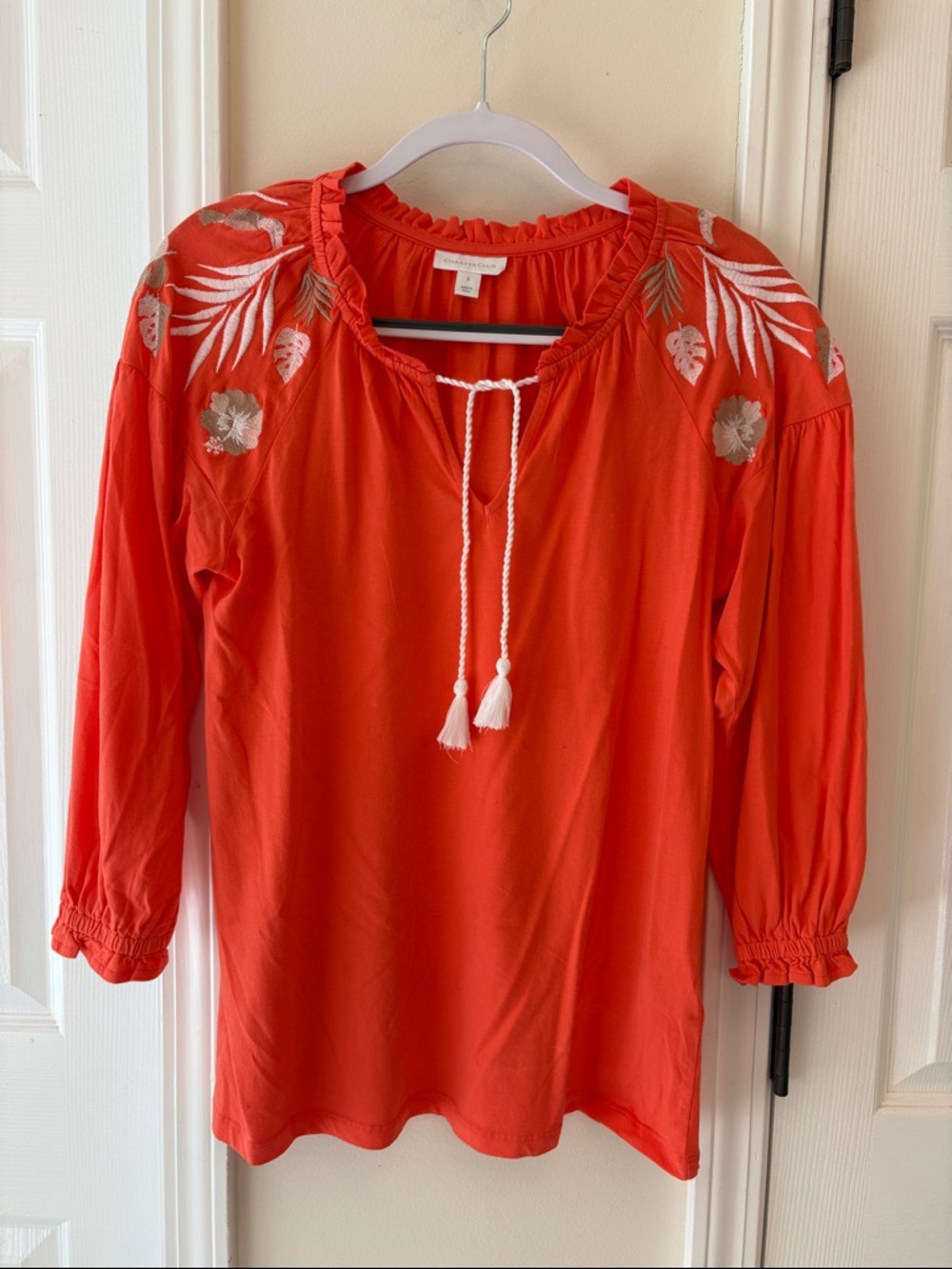 Charter Club Coral Embroidered Peasant Tunic with Tassel Tie